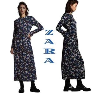 ZARA | NEW The Lexi Dress Navy Blue Dot Print Maxi Long Sleeve Women’s Size XS